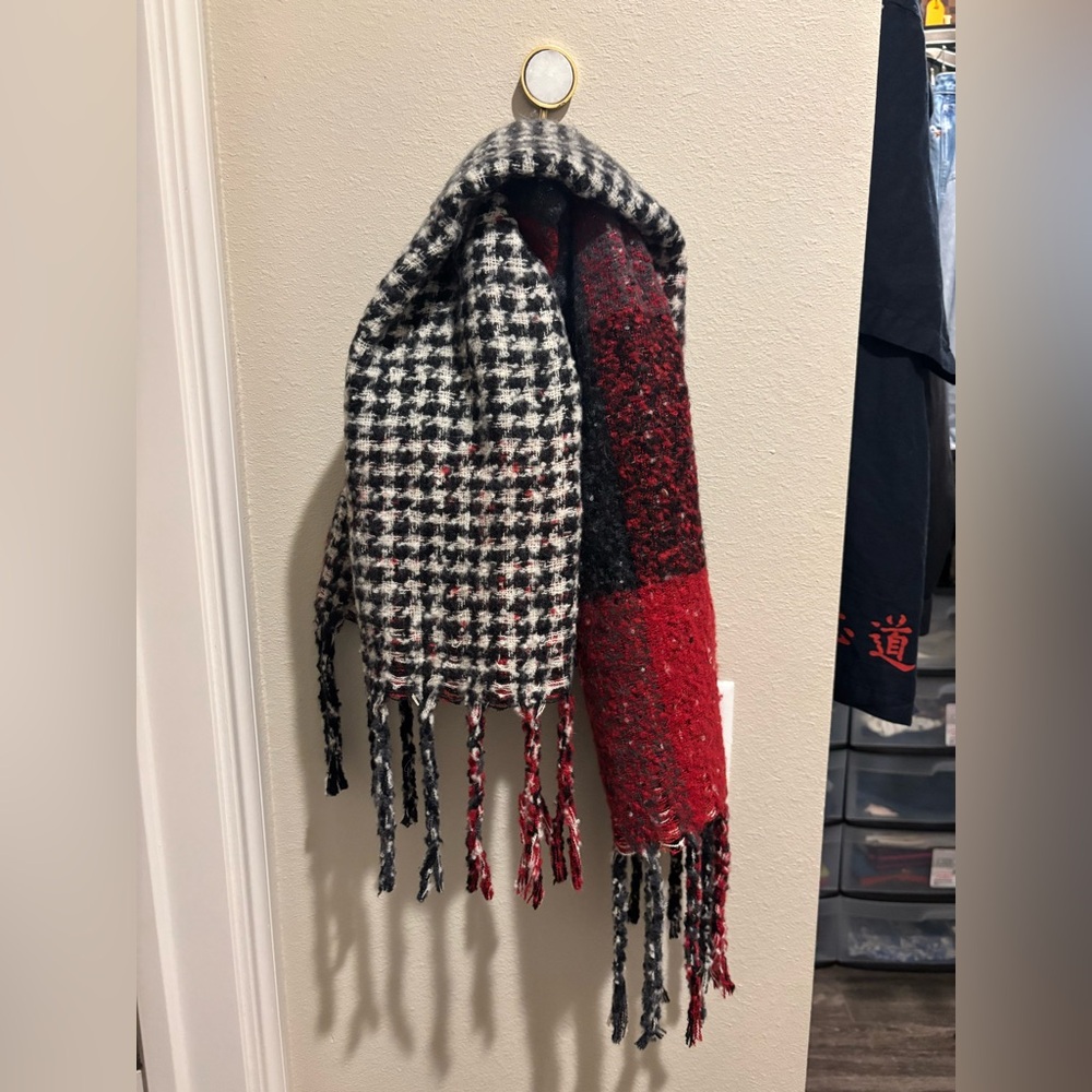Steve Madden Black and Red Houndstooth and Plaid Fringe Scarf